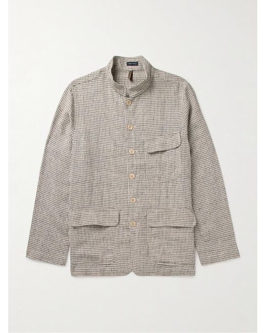Drake's Gray Mandarin-collar Checked Linen Shirt Jacket for men