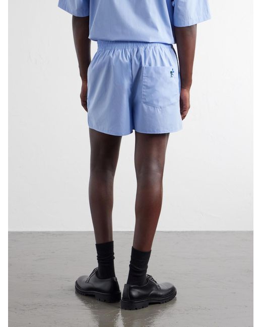 AMI Blue Straight-Leg Embroidered Cotton-Poplin Shorts for men