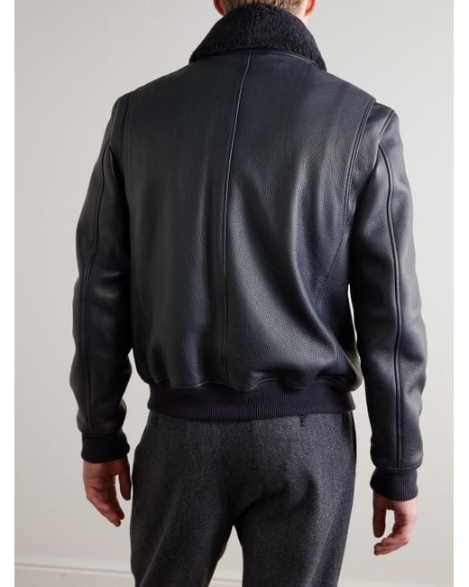 Mr P. Blue Shearling-Trimmed Full-Grain Leather Blouson Jacket for men