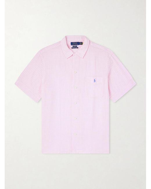 Polo Ralph Lauren Pink Logo-Embroidered Checked Linen And Cotton-Blend Shirt for men