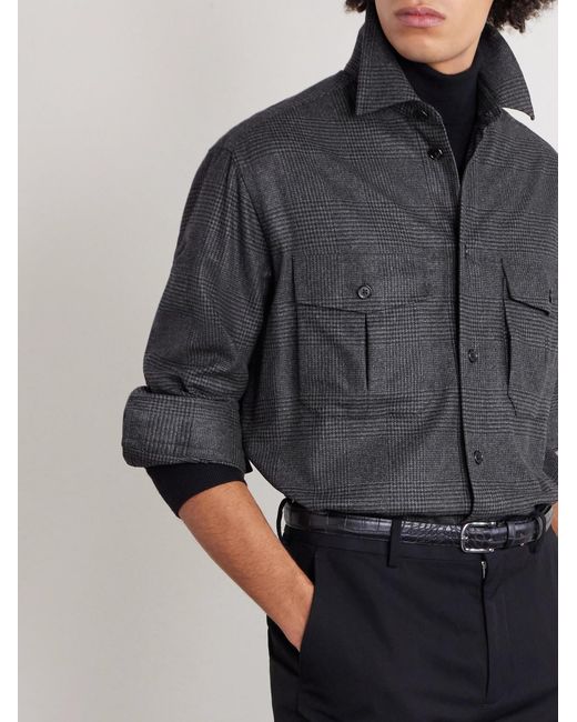 Dunhill Gray Prince Of Wales Checked Wool And Cashmere-blend Overshirt for men