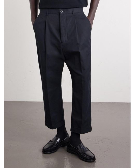 AMI Blue Carrot Cropped Tapered Pleated Cotton-Gabardine Trousers for men