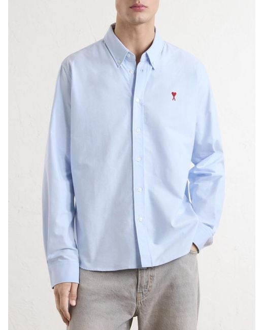 AMI White Logo-Embroidered Cotton Oxford Shirt for men