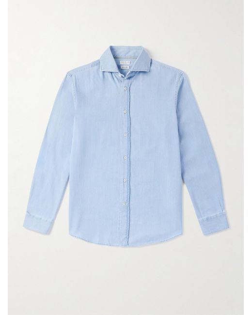 Brunello Cucinelli Blue Cutaway-Collar Cotton-Chambray Shirt for men