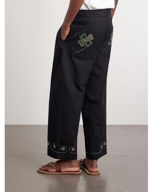 Bode Blue Lucky Draw Straight-leg Pleated Embroidered Cotton-twill Trousers for men