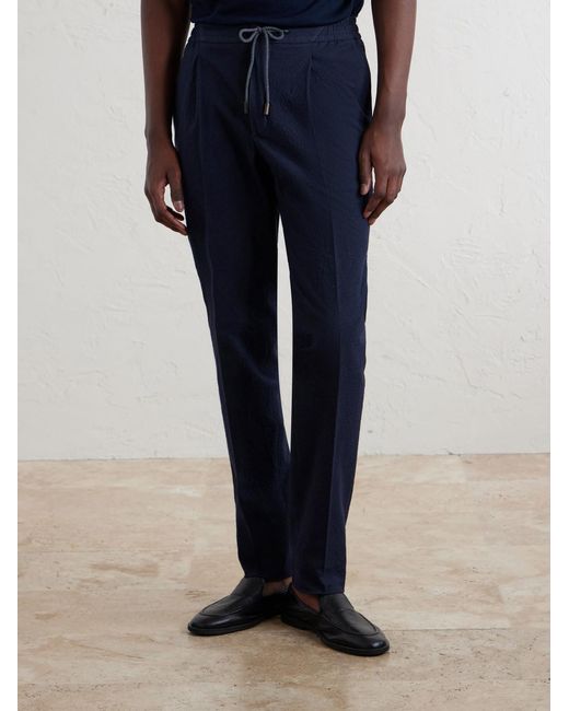 Slowear Blue Tapered Cotton-Blend Seersucker Trousers for men