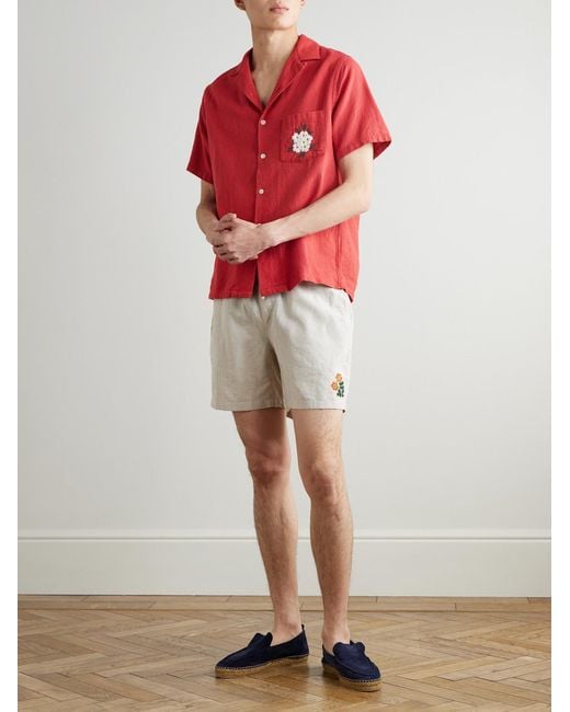 Portuguese Flannel Convertible-Collar Embroidered Cotton Shirt for men