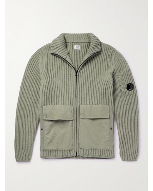 C P Company Gray Logo-appliquéd Wool-blend Zip-up Cardigan for men