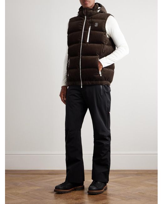 Brunello Cucinelli Black Logo-Embroidered Quilted Padded Cotton-Corduroy Hooded Down Gilet for men