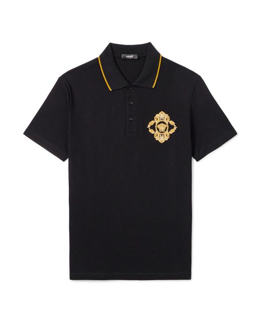 Versace Black Logo-Embroidered Cotton-Piqué Polo Shirt for men