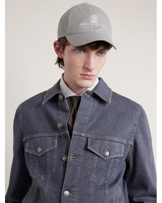 Brunello Cucinelli Gray Logo-embroidered Leather-trimmed Cotton-twill Baseball Cap