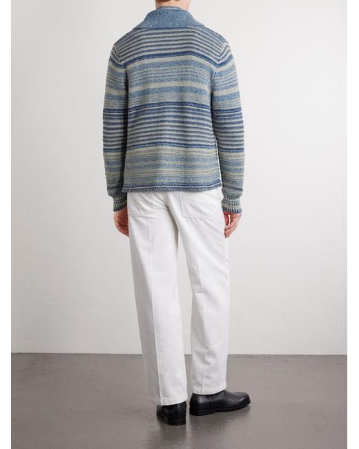 RRL Blue Shawl-Collar Striped Cotton And Linen-Blend Cardigan for men