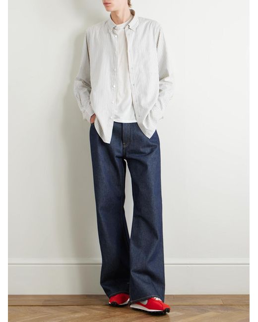 NN07 White Arne 5655 Button-Down Collar Striped Organic Cotton And Tencel Modal-Blend Twill Shirt for men