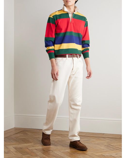 Drake's Red Him Twill-Trimmed Striped Cotton-Jersey Polo Shirt for men