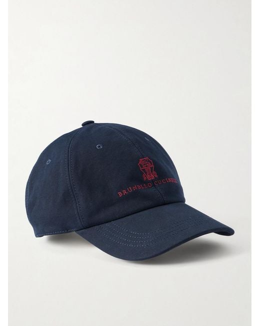 Brunello Cucinelli Blue Logo-Embroidered Leather-Trimmed Cotton-Twill Baseball Cap for men