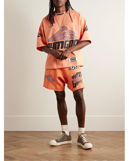RRR123 Orange Fasting For Faster Straight-Leg Printed Cotton-Jersey Drawstring Shorts for men