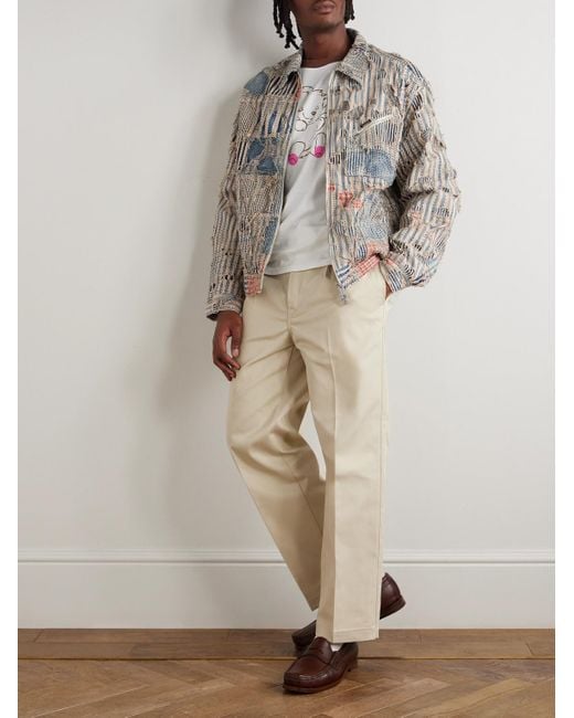 Kapital Boro Patchwork-Jacke aus einer Baumwoll-Leinenmischung mit Reißverschluss in Distressed-Optik in White für Herren