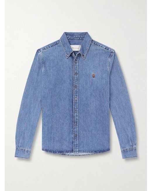 AMI Blue Button-Down Collar Logo-Embroidered Denim Shirt for men