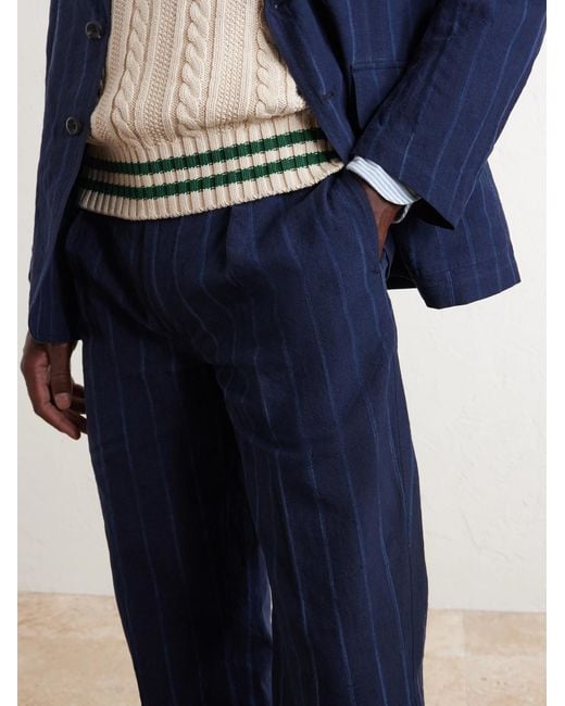 Drake's Blue Games Straight-leg Pinstriped Cotton And Linen-blend Suit Trousers for men