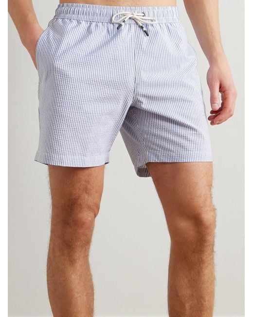 Hartford Blue Slim-Fit Mid-Length Striped Seersucker Swim Shorts for men
