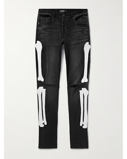 Amiri Black Bones Skinny-Fit Appliquéd Distressed Jeans for men