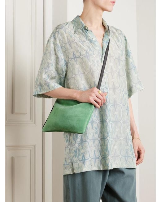 Dries Van Noten Green Small Leather-trimmed Suede Messenger Bag for men