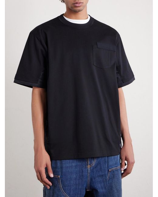 Sacai Black Appliquéd Shell-trimmed Cotton-jersey T-shirt for men
