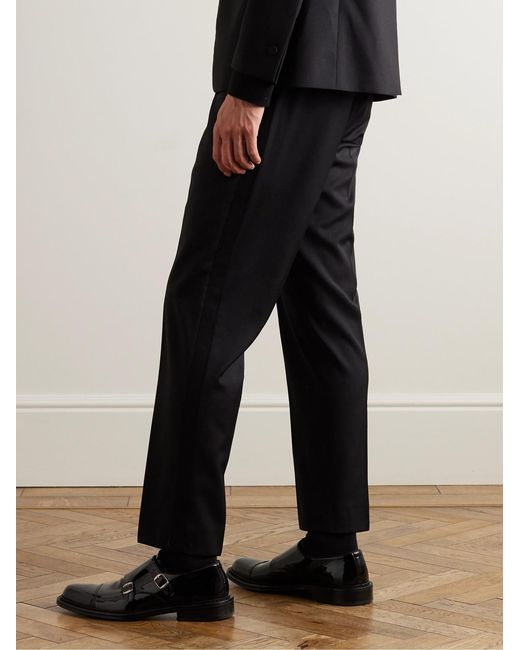 Mr P. Black Tapered Grosgrain-Trimmed Wool Drawstring Tuxedo Trousers for men