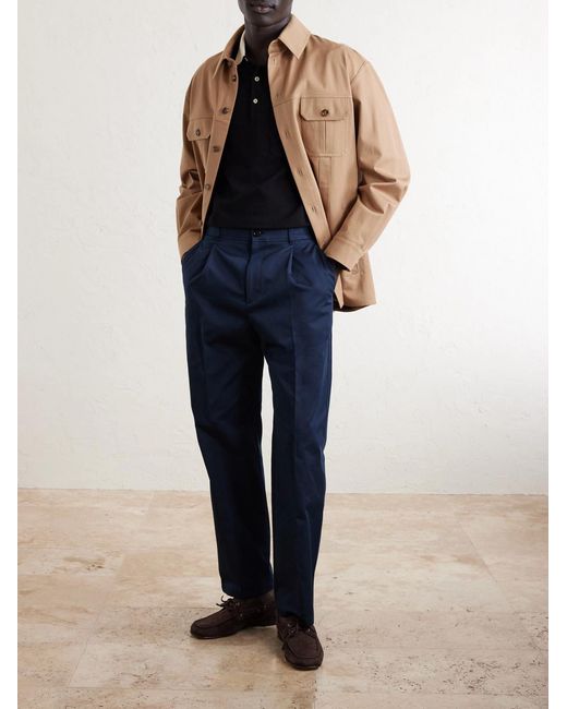 Valentino Garavani Blue Vlogo Straight-Leg Pleated Cotton-Gabardine Trousers for men