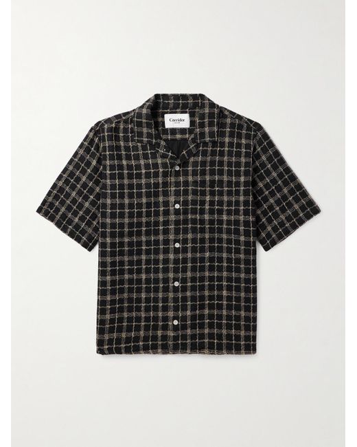 Corridor NYC Black Camp-Collar Checked Cotton And Linen-Blend Gauze Shirt for men