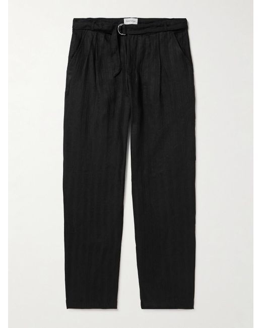 Oliver Spencer Black Straight-leg Belted Pleated Embroidered Linen Trousers for men