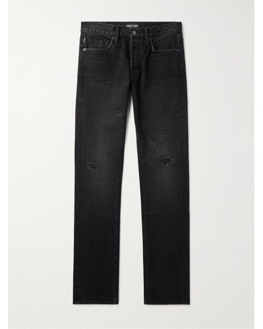 Tom Ford Black Slim-fit Distressed Selvedge Jeans for men