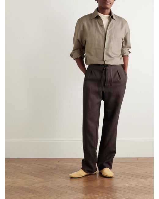 STÒFFA Brown Straight-Leg Pleated Linen Drawstring Trousers for men
