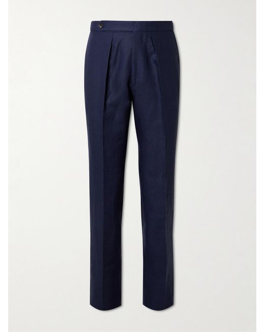 Drake's Blue Straight-Leg Pleated Linen Suit Trousers for men