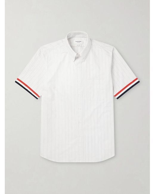 Thom Browne White Logo-Appliquéd Striped Cotton-Oxford Shirt for men