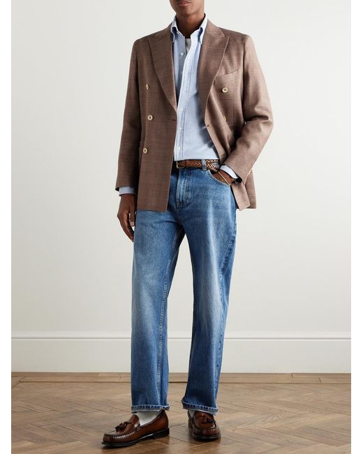 Drake's Brown Double-breasted Silk Blazer for men