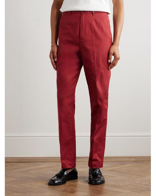 Dunhill Red Slim-Fit Straight-Leg Pleated Cotton-Gabardine Chinos for men