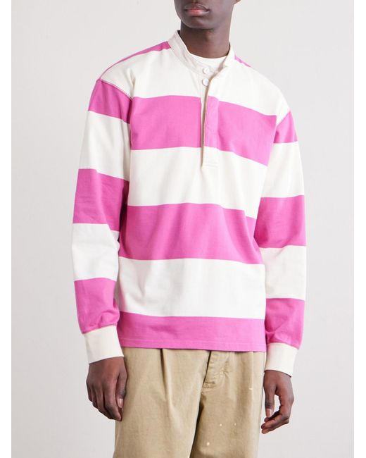 Drake's Pink Grandad-Collar Striped Cotton-Jersey Half-Placket Shirt for men