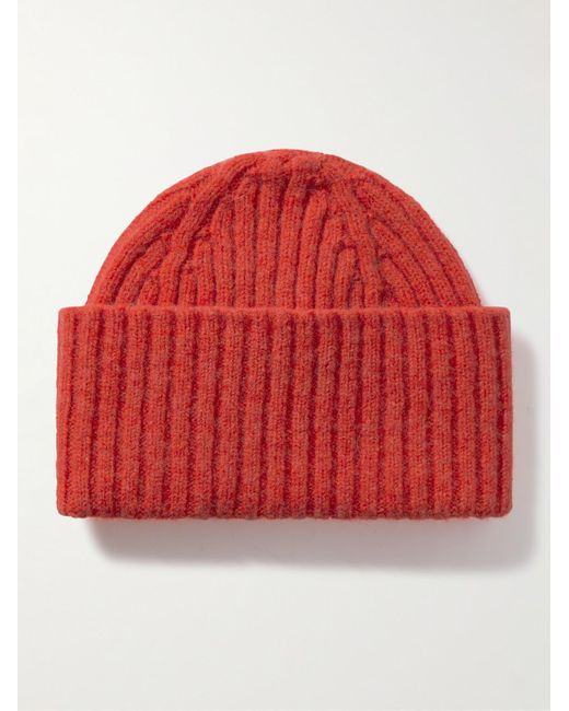 Drake's Red Ribbed Wool Beanie for men