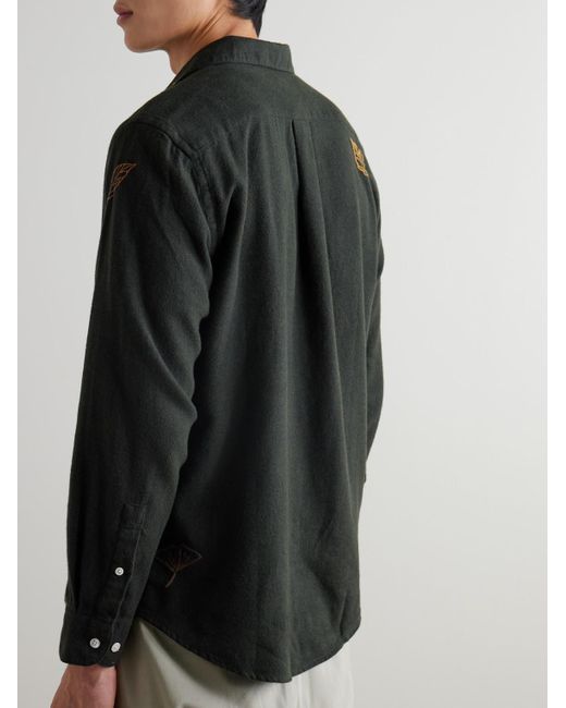 Portuguese Flannel Black Fall Leaves Embroidered Cotton-Flannel Shirt for men