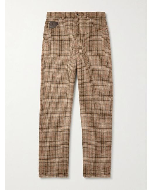 Loewe Natural Leather-Trimmed Prince Of Wales Checked Wool Trousers for men