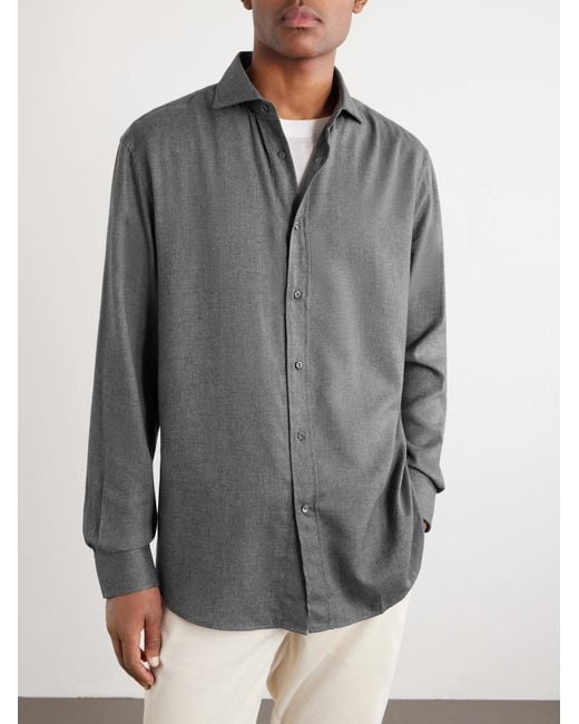 Brunello Cucinelli Gray Herringbone Cotton And Lyocell-Blend Shirt for men