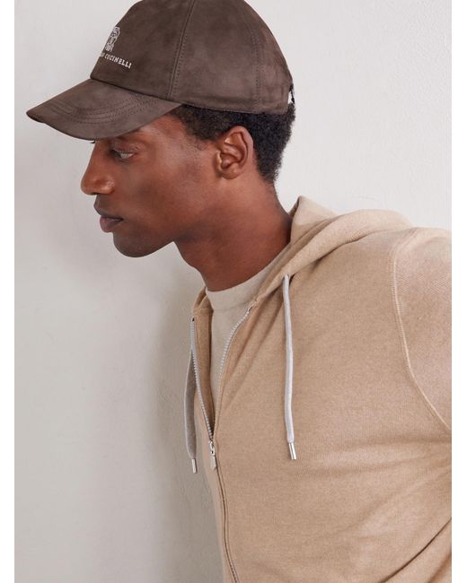 Brunello Cucinelli Brown Logo-embroidered Suede Cap for men