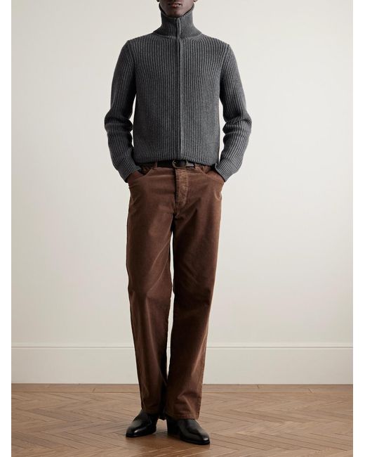 Nili Lotan Gray Ribbed-Knit Zip-Up Cardigan for men