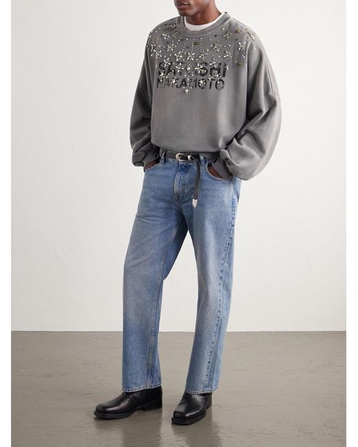 Satoshi Nakamoto Gray Crystal Castle Logo-printed Embellished Distressed Cotton Sweatshirt for men