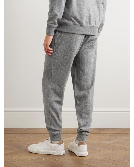 Brunello Cucinelli Gray Tapered Pinstriped Cashmere And Cotton-blend Sweatpants for men