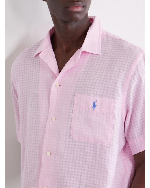 Polo Ralph Lauren Pink Logo-Embroidered Checked Linen And Cotton-Blend Shirt for men