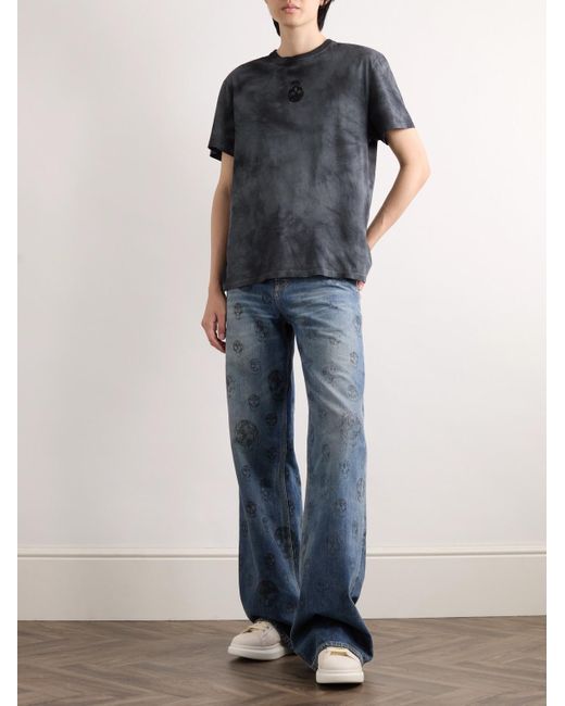 McQueen Gray Logo-Embroidered Tie-Dyed Cotton-Jersey T-Shirt for men