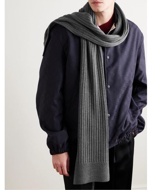 Gucci Gray Logo-Appliquéd Ribbed Wool Scarf for men