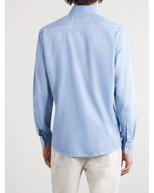 Brunello Cucinelli Blue Cutaway-Collar Cotton-Chambray Shirt for men